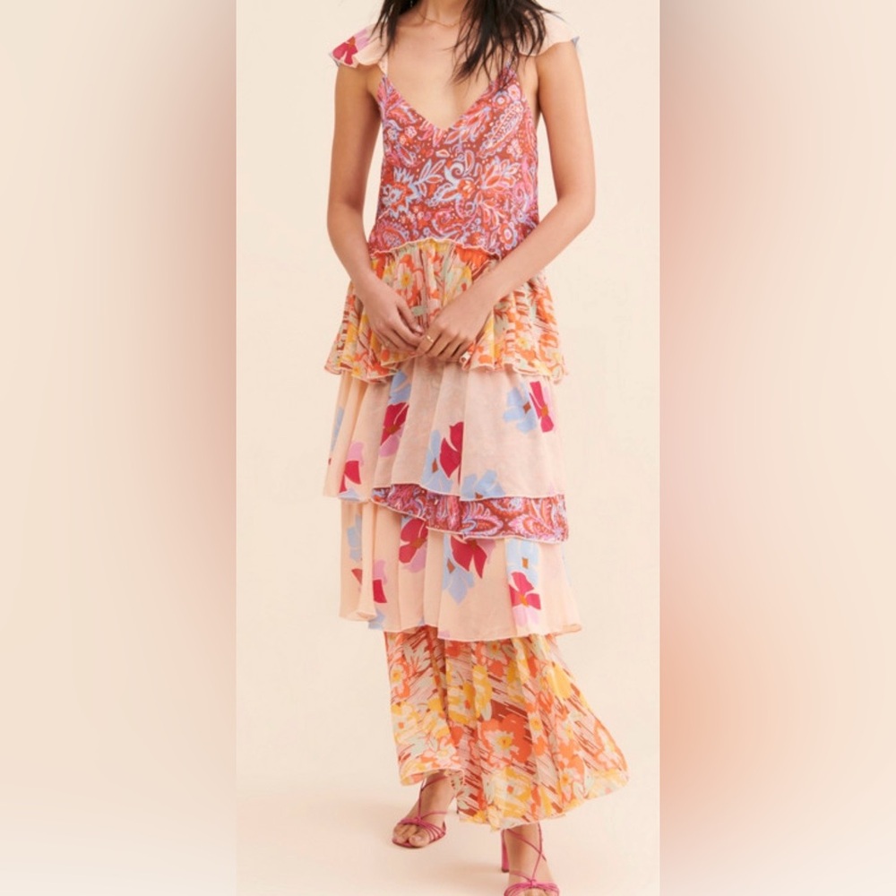 Free People Coraline Tiered Maxi Dress Boho Floral Pink Ruffle Size 0 - Picture 6 of 16